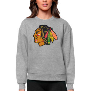 Women's Antigua Heather Gray Chicago Blackhawks Primary Logo Team Logo Victory Crewneck Pullover Sweatshirt