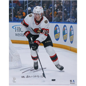 Jake Sanderson Ottawa Senators Autographed 16" x 20" White Jersey NHL Debut Photograph with "NHL Debut 10/13/22" Inscription