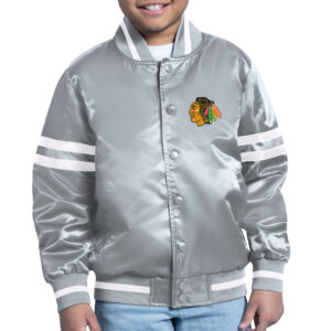 Youth Starter Gray Chicago Blackhawks Printed Team Logo Satin Varsity Full-Snap Jacket