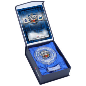 Toronto Maple Leafs vs. Buffalo Sabres 2022 NHL Heritage Classic Crystal Puck - Filled with Game-Used Ice