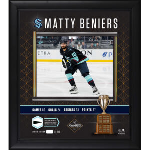 Matty Beniers Seattle Kraken 2023 Calder Trophy Winner Framed 15" x 17" Photograph with Piece of Game-Used Puck - Limited Edition of 510