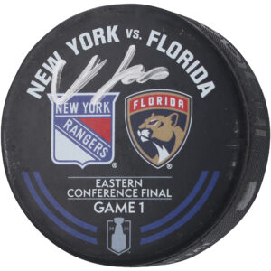 Adam Fox New York Rangers Autographed Practice-Used Warm-Up Puck from Game 1 of the Eastern Conference Finals During the 2024 Stanley Cup Playoffs vs. Florida Panthers