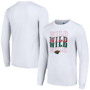 Men's Starter White Minnesota Wild Four Team Name Logo Long Sleeve Graphic T-Shirt