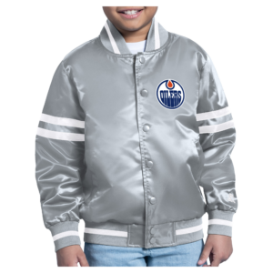 Youth Starter  Gray Edmonton Oilers Starter Printed Logo Satin Varsity Full-Snap Jacket