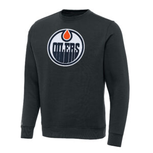 Men's Antigua Charcoal Edmonton Oilers Victory Crewneck Pullover Sweatshirt