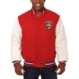 Men's JH Design Red/White Florida Panthers Big & Tall All-Wool & Leather Full-Snap Jacket