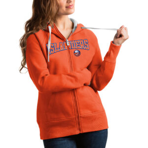 Women's Antigua Orange New York Islanders Wordmark Victory Full-Zip Hoodie