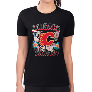 Women's G-III 4Her by Carl Banks Black Calgary Flames Flower Logo Fitted T-Shirt