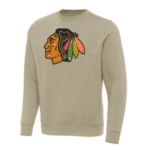 Men's Antigua Khaki Chicago Blackhawks Victory Crewneck Pullover Sweatshirt