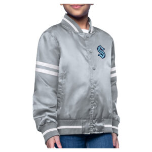 Youth Starter  Gray Seattle Kraken Printed Logo Satin Varsity Full-Snap Jacket