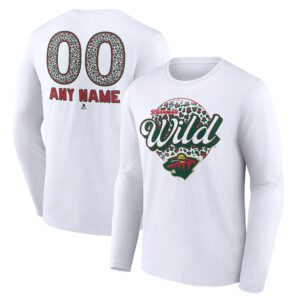 Unisex White Minnesota Wild Personalized Name & Number Leopard Print Long Sleeve T-Shirt