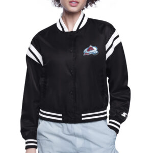 Women's Starter  Black Colorado Avalanche Printed Round Team Logo Satin Varsity Full-Snap Jacket