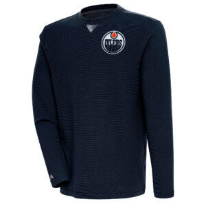 Men's Antigua  Navy Edmonton Oilers Flier Bunker Tri-Blend Pullover Sweatshirt