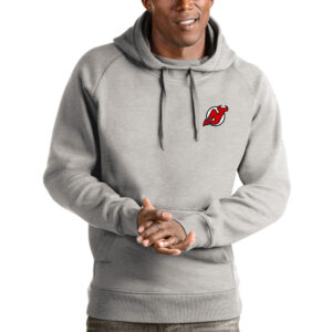 Men's Antigua Heathered Gray New Jersey Devils Victory Pullover Hoodie